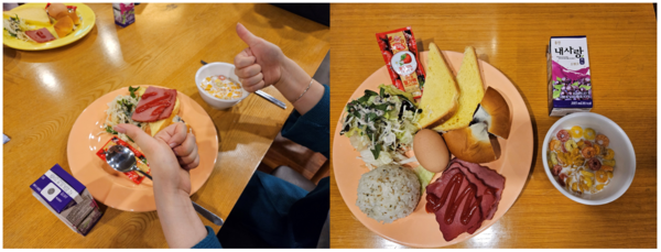 (좌) 천원의 아침밥을 식사 중인 한 학우가 엄지를 들어 만족감을 나타내고 있는 모습.     (우) 이날 제공된 천원의 아침밥 메뉴. 우리대학 천원의 아침밥은 양식과 한식이 번갈아 나오고 있다.​​​​​     (사진=동대신문.)