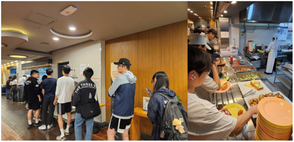 (좌) 이른 아침부터 천원의 아침밥을 이용하기 위해 줄 서있는 학우들의 모습.     (우) 자율배식대에서 신선한 음식들을 담고 있는 학우들의 모습.     (사진=동대신문.)
