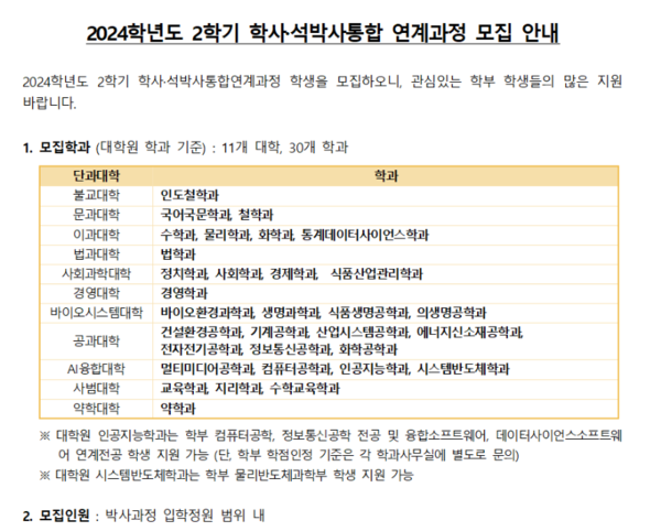 ▲2024학년도 2학기 학·석박사통합 연계과정 모집 안내 (사진=동국대학교 홈페이지.)