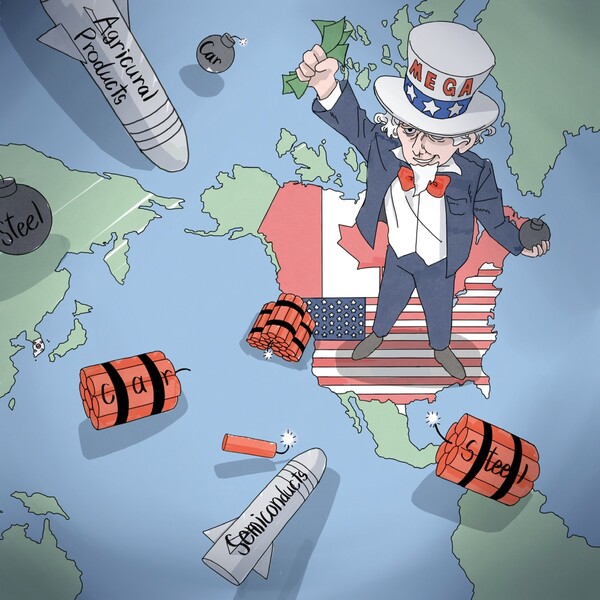 The United States is throwing tariff bombs around the world. /Illustrated by Kim Ji-hyun
