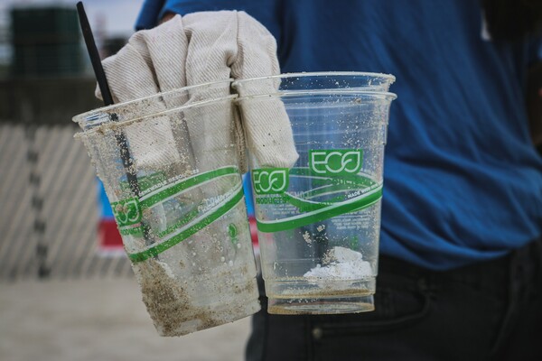 Plastic cups labeled “eco-friendly” discarded on the beach. /Photography by Brian Yurasits on Unsplash