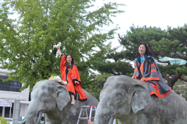 ▲팔정도 코끼리상에서 졸업 기념 사진을 촬영 중이다 (사진=고아름 기자.)