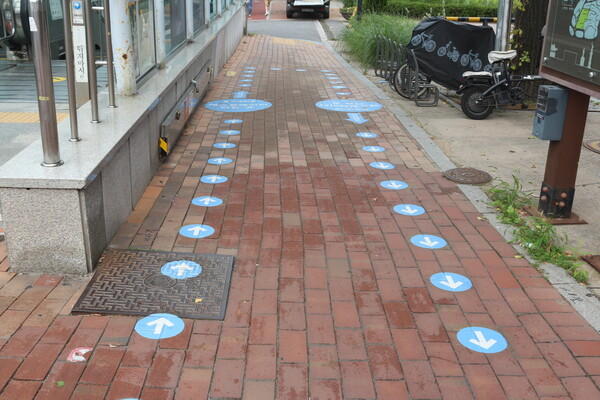 ▲통행 혼잡 완화를 위해 설치된 유도선 (사진=성민지 기자.)